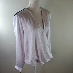 Dkny Womens White Color Block Long Sleeve V Neck Faux Wrap Top L